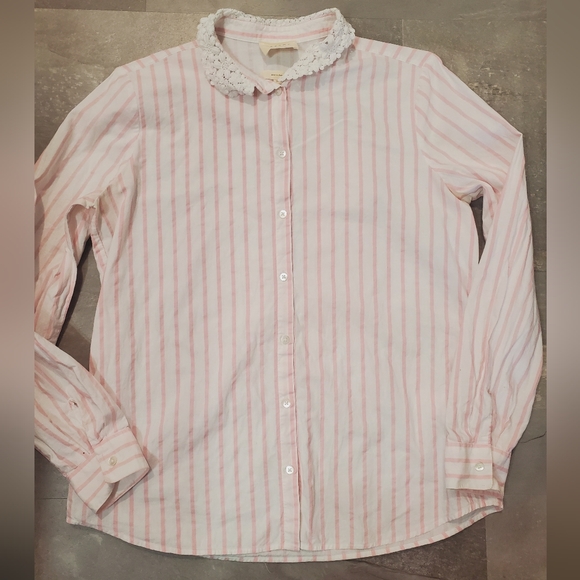 Sezane Gina Button Down Long Sleeve Cotton Shirt. White, Pink Striped. 6US. Lace - Picture 5 of 16